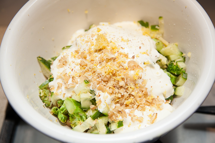 Add yogurt, grated nut meg, lemon rind and finish with walnuts or almonds and a drizzle of lemon flavoured olive oil. 