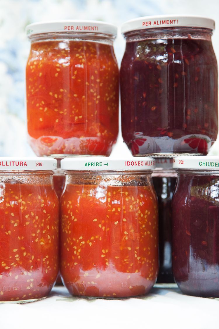 Preserved tomatoes and grape jam. 